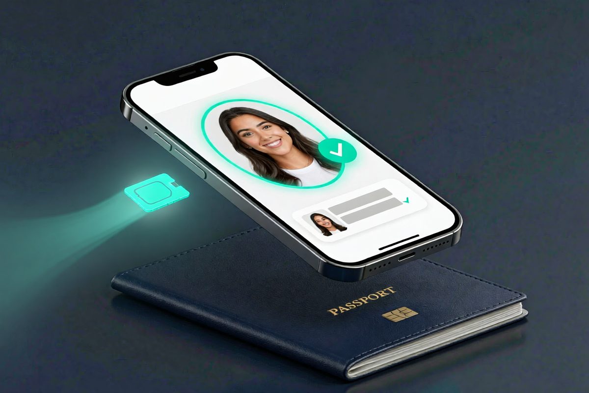 Teléfono que compara el rostro del titular con el chip del pasaporte antes de activar la eSIM